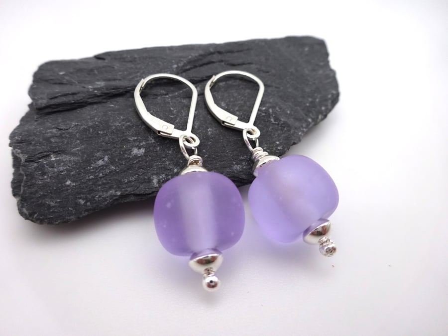 frosted lilac lampwork glass earrings