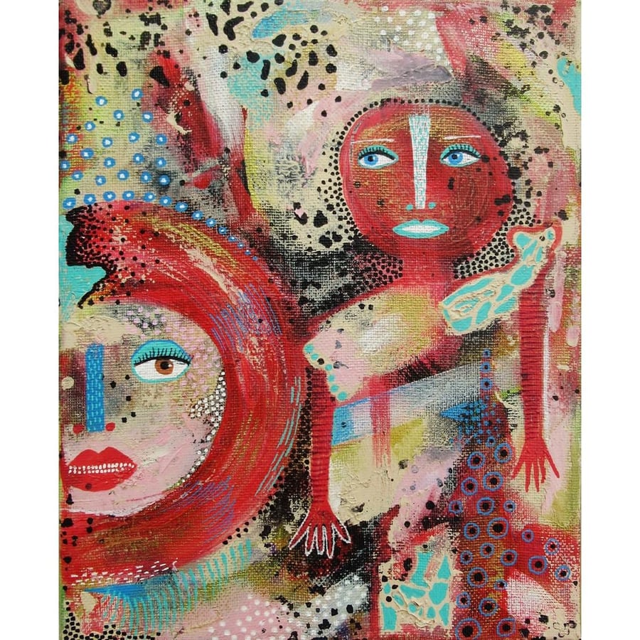 Abstract Faces Portrait Painting Red Grey Contemporary Artwork 8 x 10" Canvas