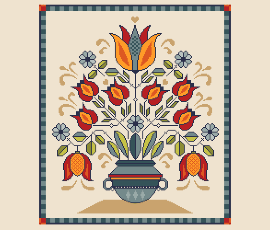 327 - Fraktur Flower Vase Cross Stitch Pattern: German Folk Art Sampler (PDF)