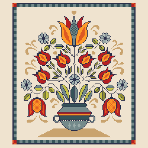 327 - Fraktur Flower Vase Cross Stitch Pattern: German Folk Art Sampler (PDF)