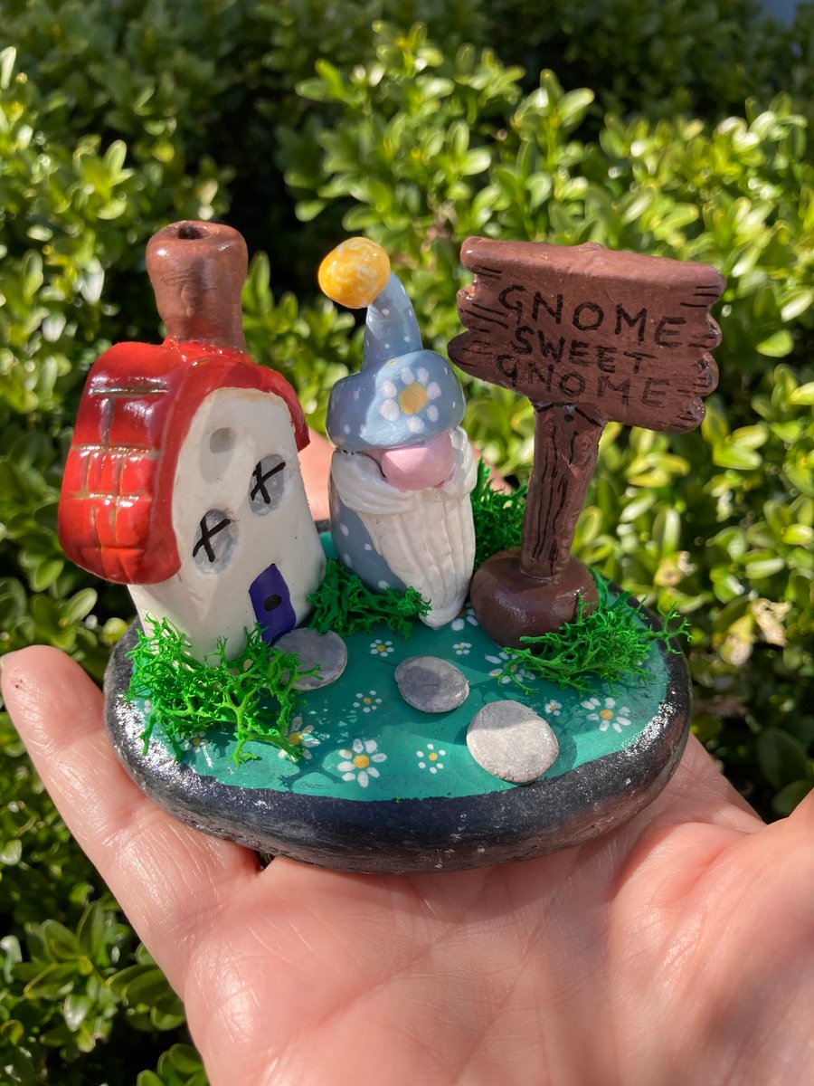 Gnome On A Stone Clay Hand Crafted Gnome Sweet Gnome Home Sweet Home Gift