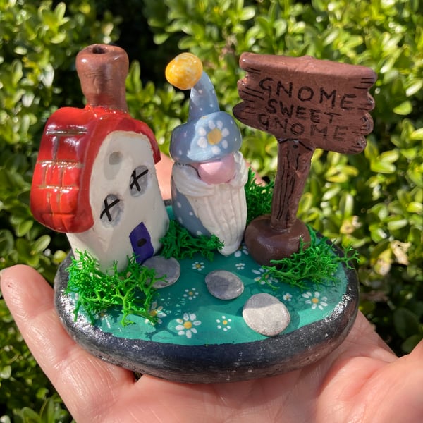Gnome On A Stone Clay Hand Crafted  'Gnome Sweet Gnome' Cute Gift Ornament