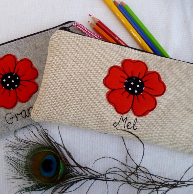Personalised Poppy Pen Pencil Case - Custom Pen Pouch- Choice of design