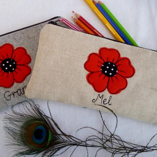 Personalised Poppy Pen Pencil Case - Custom Pen Pouch- Choice of design