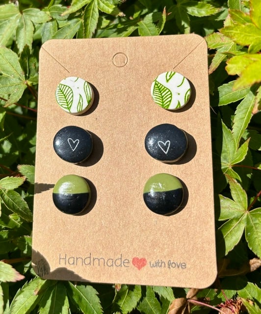A Trio of Nature Inspired Green and Black Stud Earrings