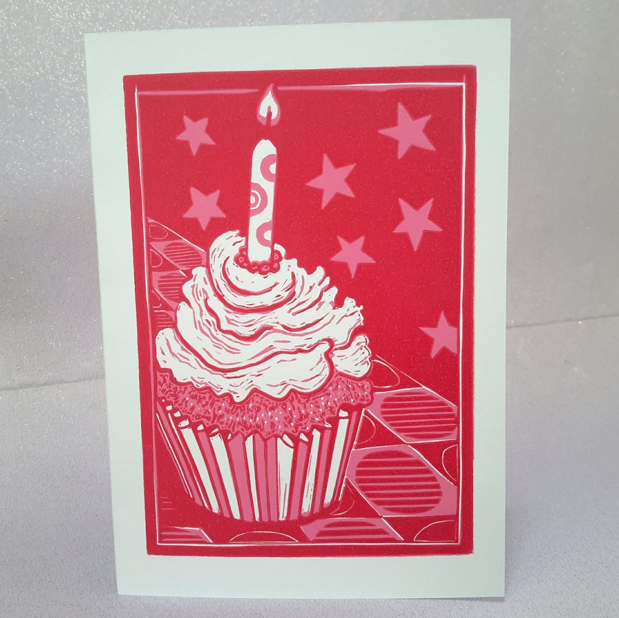 Linocut Cupcake Card Pink on Pink - Folksy