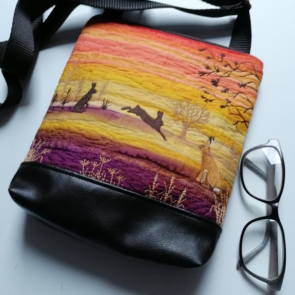 Autumn Sunset Hares Embroidered Small Crossbody Bag