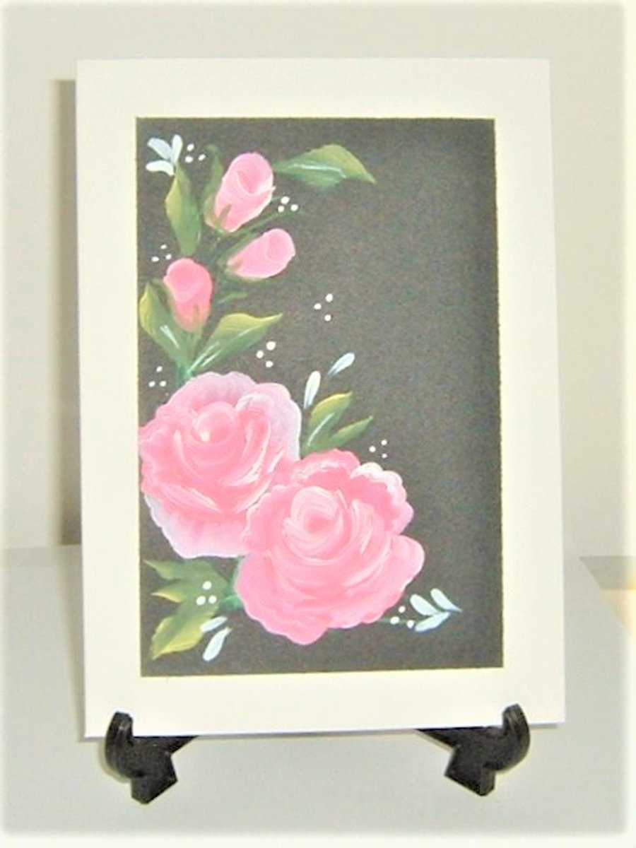 Hand painted original art roses greetings card ( ref F 623)