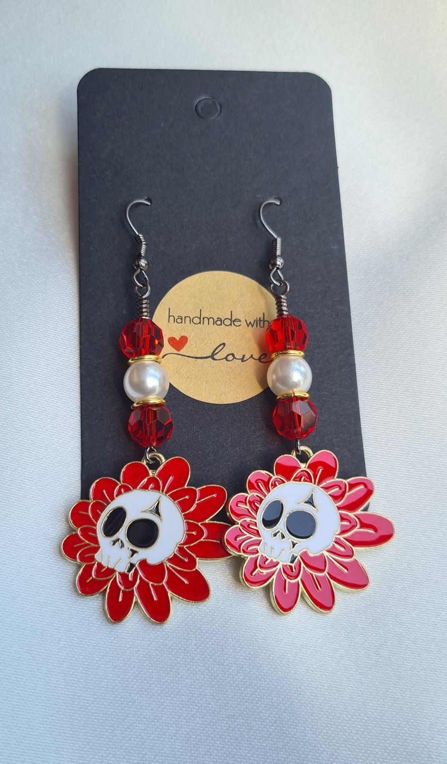 Red Flower and Skull Earrings - Mixed Metals