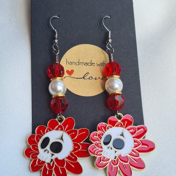 Red Flower and Skull Earrings - Mixed Metals