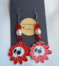 Red Flower and Skull Earrings - Mixed Metals