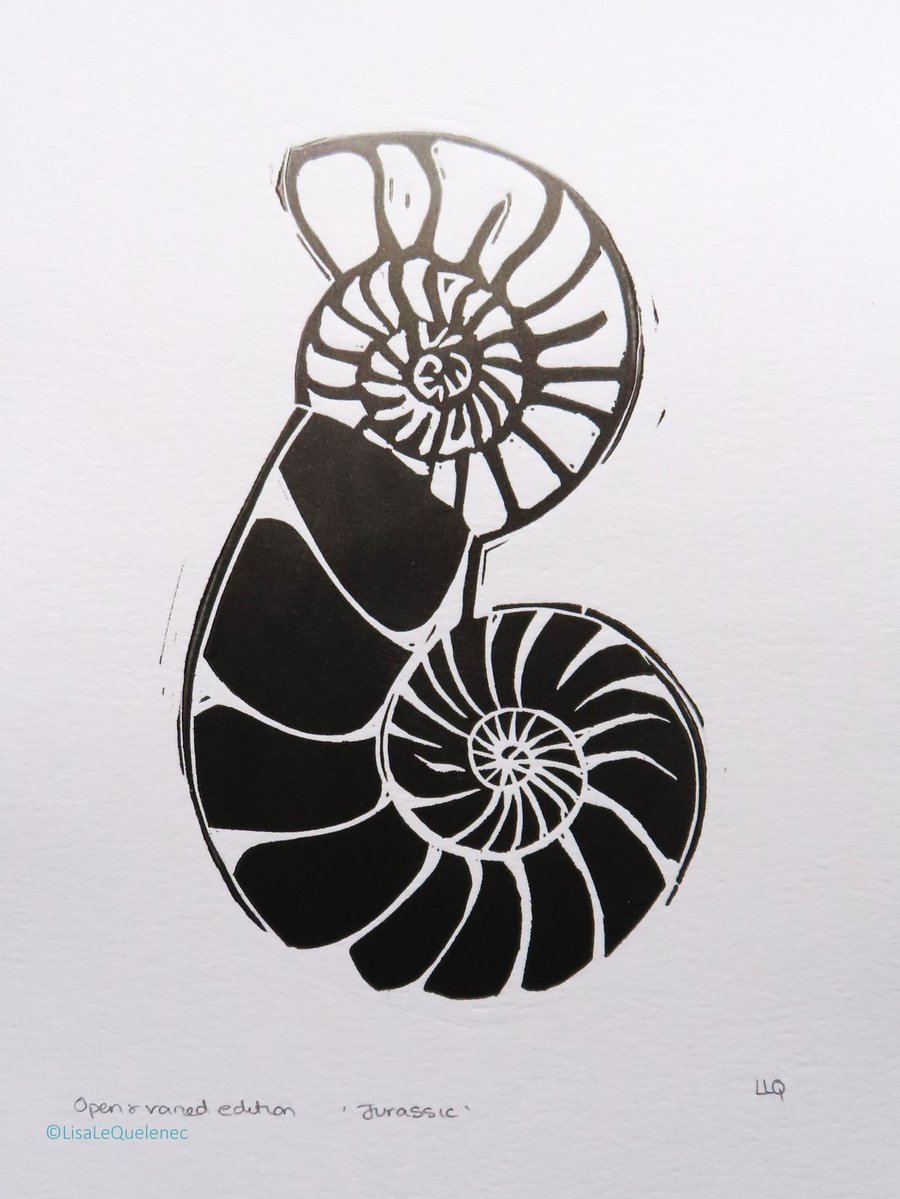 Jurassic ammonites grey to black ombre ink original lino print fossil lovers art
