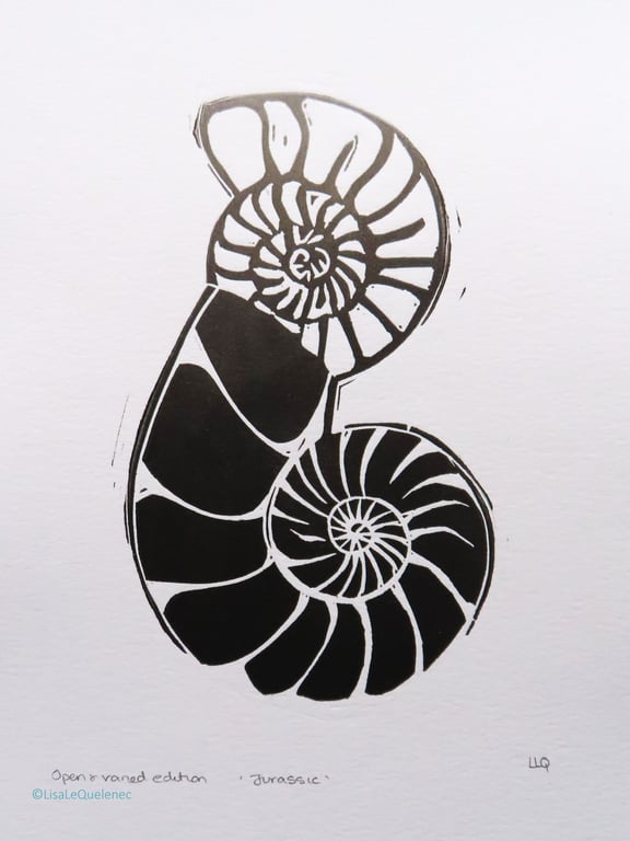 Jurassic ammonites grey to black ombre ink original lino print fossil lovers art