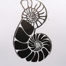 Jurassic ammonites grey to black ombre ink original lino print fossil lovers art