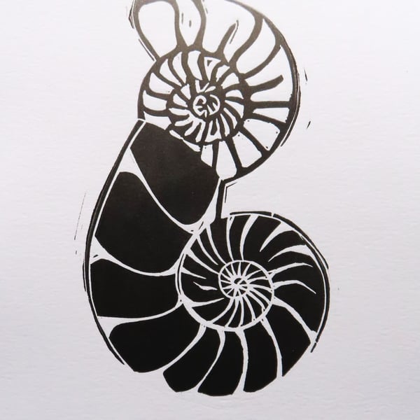 Jurassic ammonites grey to black ombre ink original lino print fossil lovers art