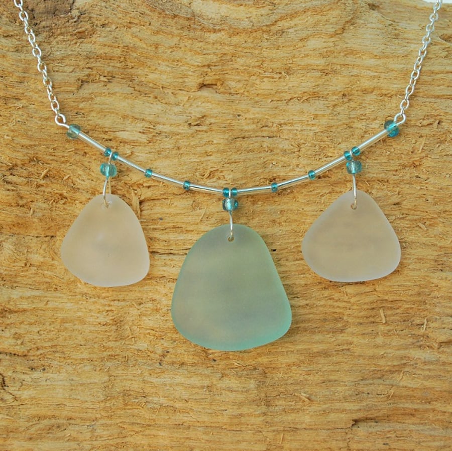 Aquamarine and white beach glass necklace
