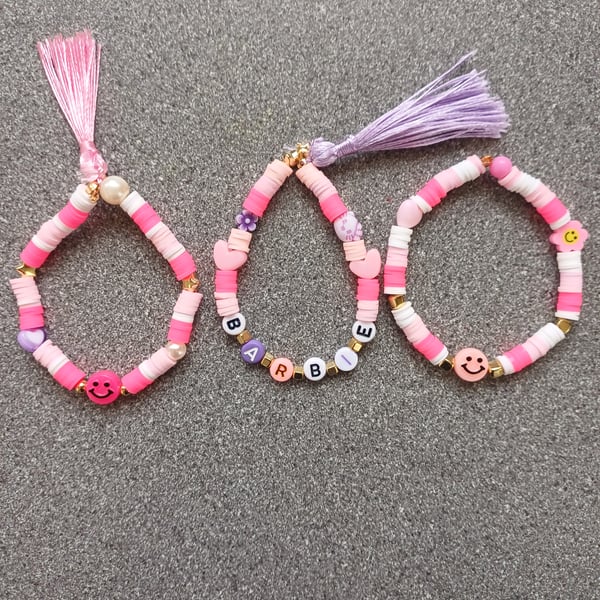 3 barbie themed bracelets, barbie colours, barbie inspired bracelets, bracelets 