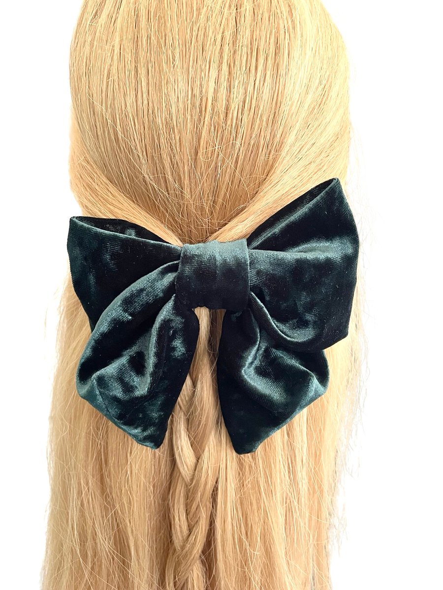 Luxury teal blue green velvet hair bow barrette clip for women
