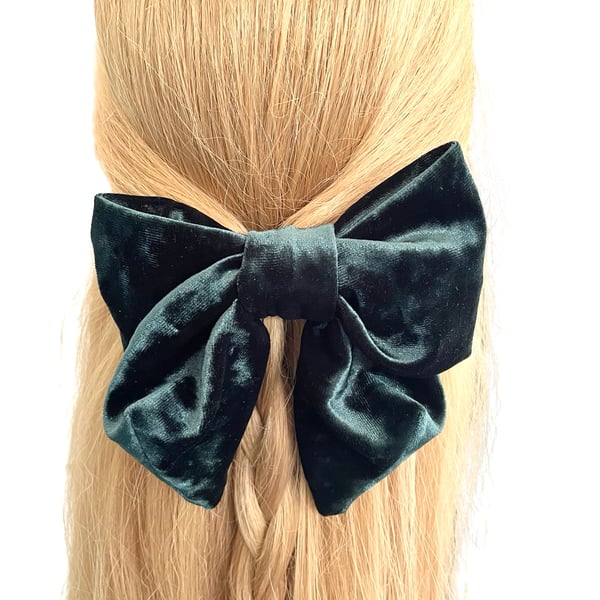 Luxury teal blue green velvet hair bow barrette clip for women