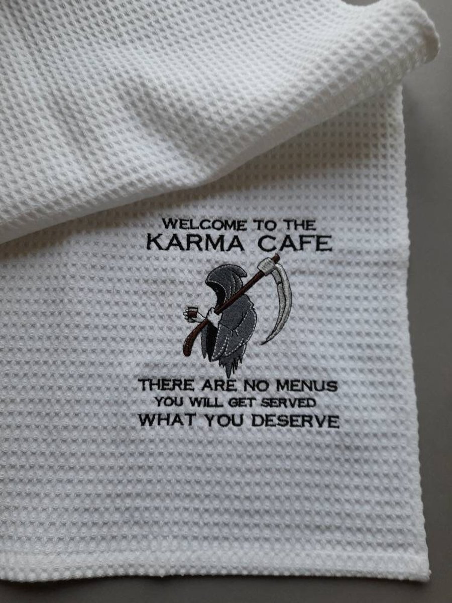 Karma Cafe Embroidered Cotton Tea Towel