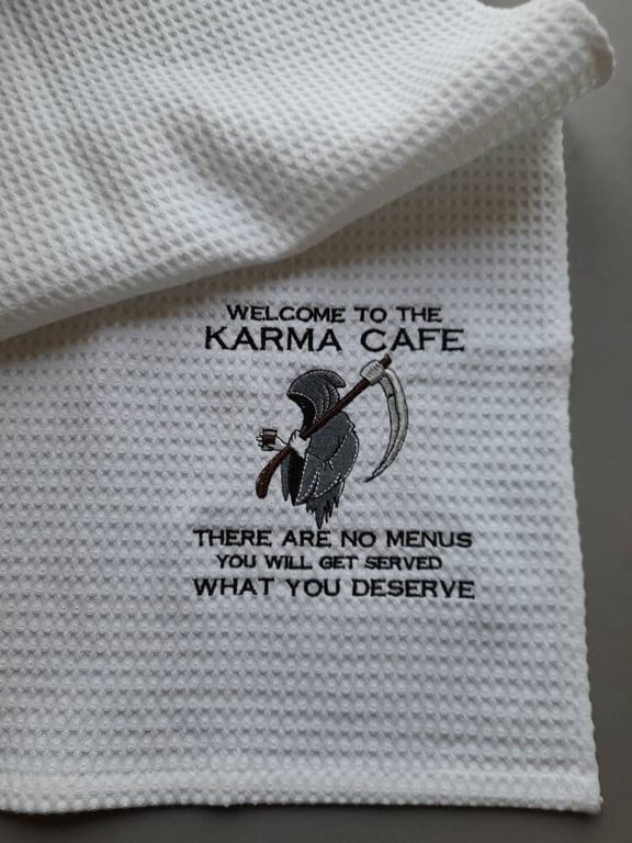 Karma Cafe Embroidered Cotton Tea Towel