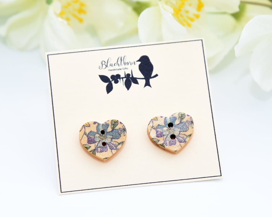 Heart Shaped Wooden Button Earrings