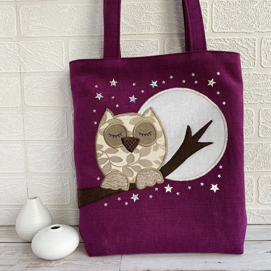 Purple Tote Bag with Sleepy Owl and Full Moon