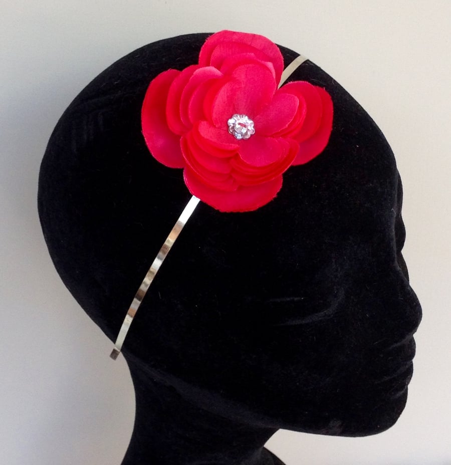 Handmade silk fuchsia pink flower headband hair band & hand sewn diamante button