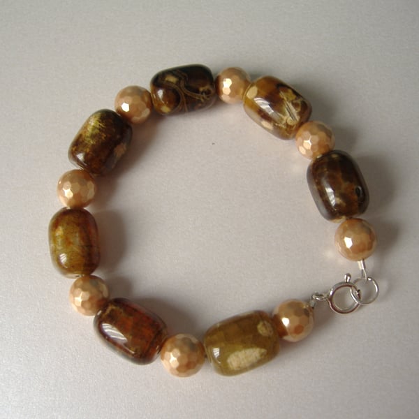 Fire Agate & Peach Shell Pearl Bracelet - Sterling Silver 