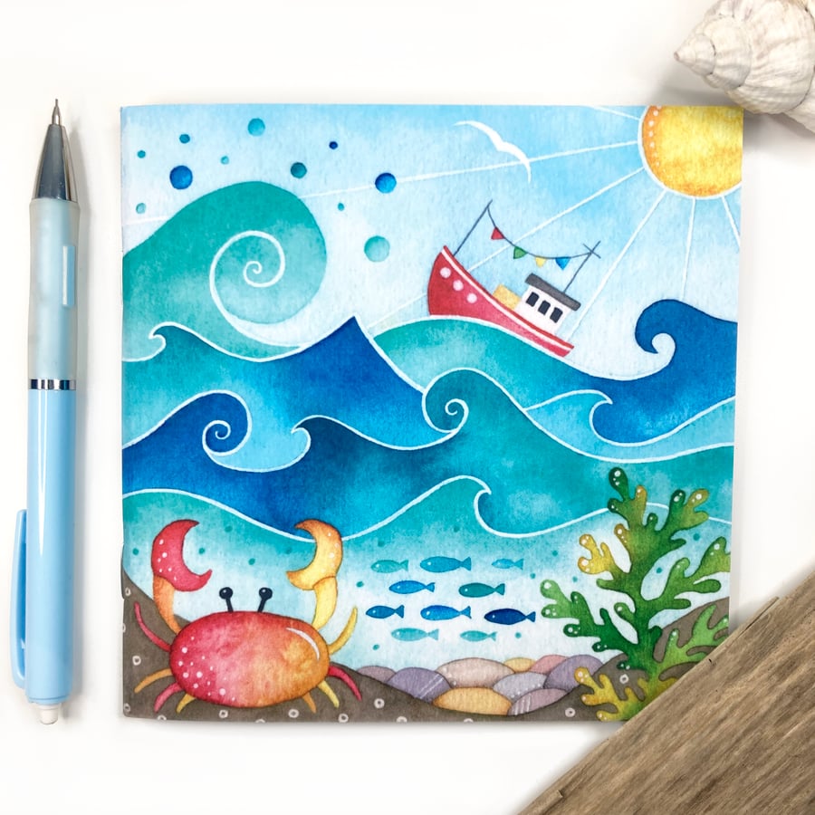 Boat and Crab Notebook. Square Lined Notepads. Children's Seaside Jotter Journal