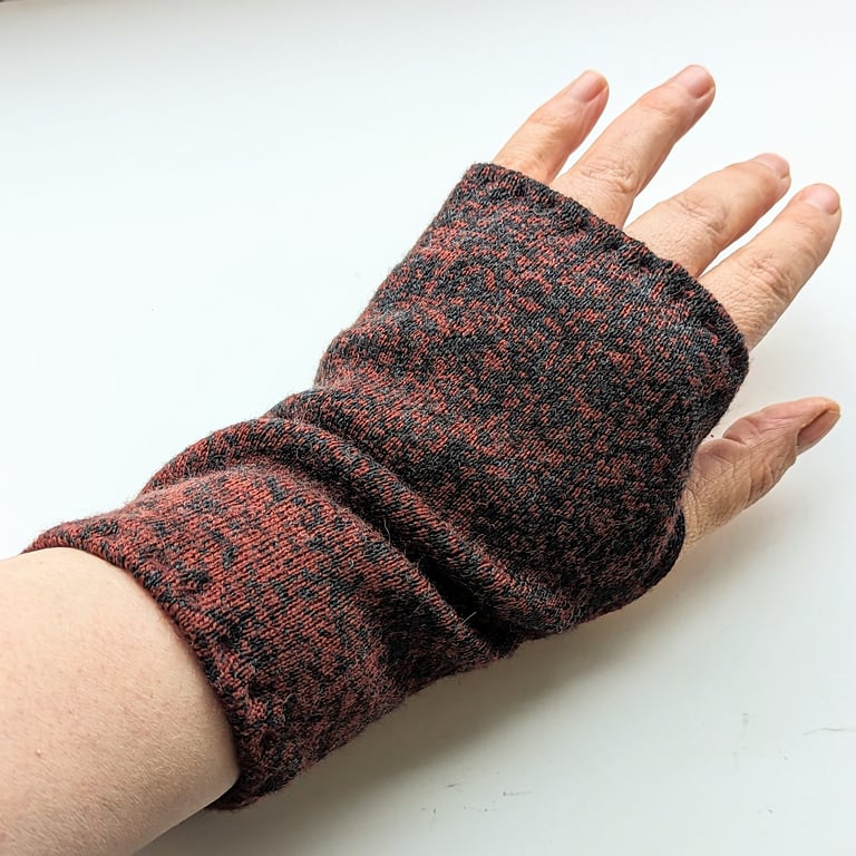 Charcoal grey and rust Wrist Warmers Upcycled from old knitwear wool mix