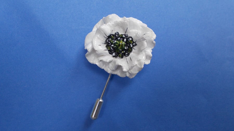 WHITE PEACE POPPY PIN Remembrance Peace Lapel Flower Pin HANDMADE HAND PAINTED