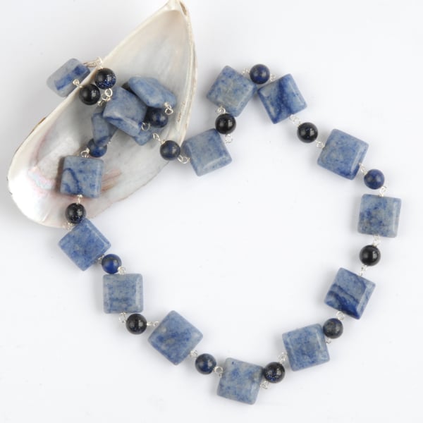 SALE - Blue aventurine, lapis and navy goldstone silver necklace