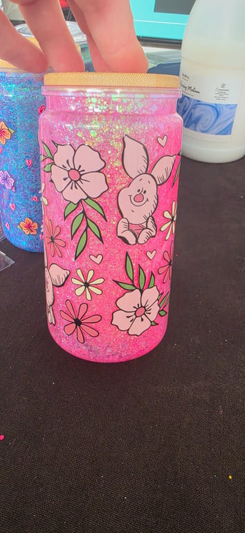 Handmade Piglet wrapped no flow snowglobe tumbler, with a bamboo lid and a straw