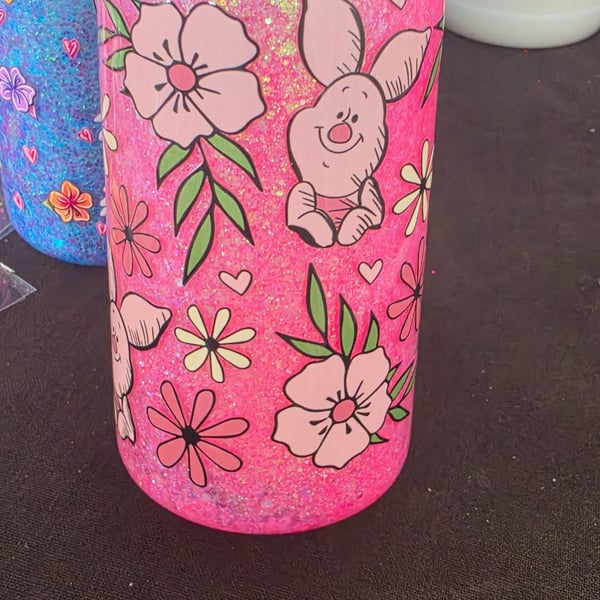 Handmade Piglet wrapped no flow snowglobe tumbler, with a bamboo lid and a straw