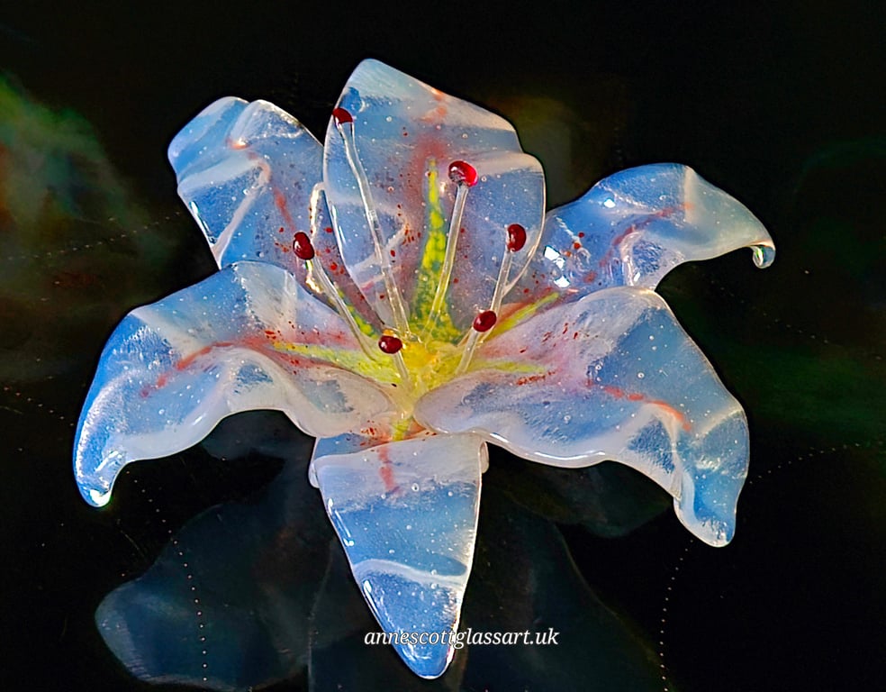 Handmade Fused Glass Opaline and Red Lily with Wall-mounting Bracket. 