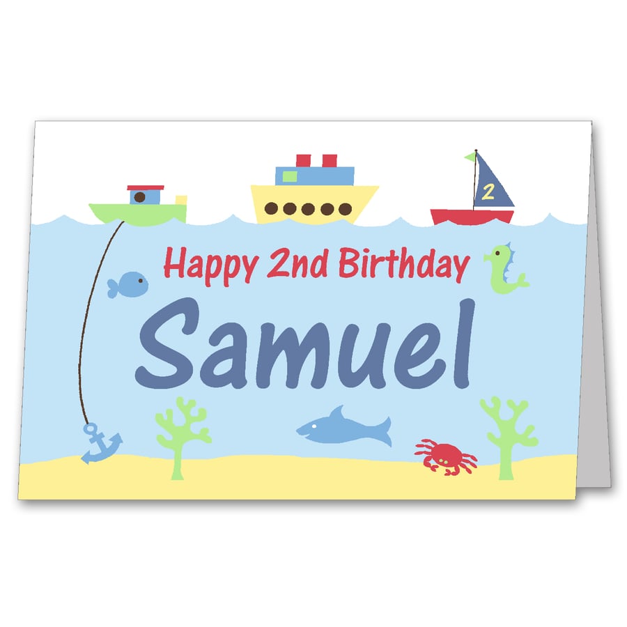 Any Age Boys Personalised Boats Birthday Card for 1st, 2nd, 3rd, 4th, 5th