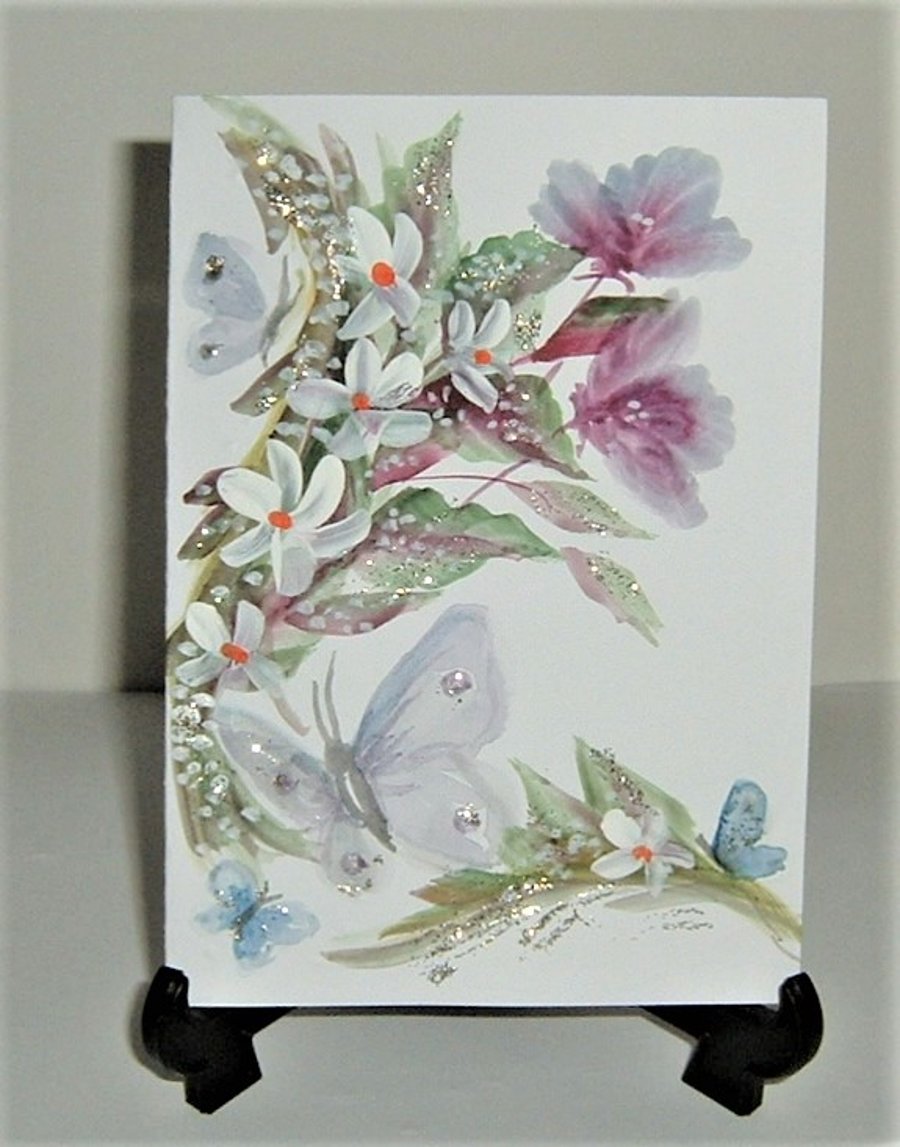 flowers and butterfly hand painted greetings card ( ref F 534)