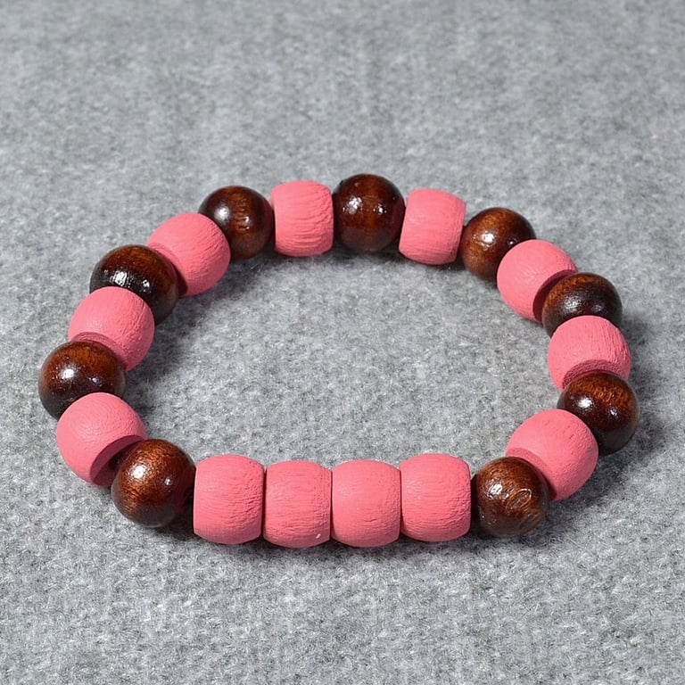 Pink Barrel and Round Brown Wood Bead Elastic Bracelet