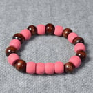 Pink Barrel and Round Brown Wood Bead Elastic Bracelet