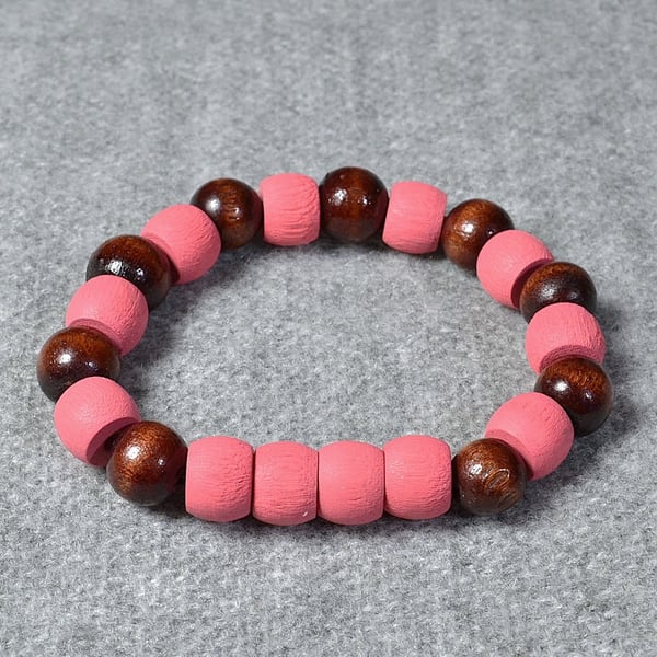 Pink Barrel and Round Brown Wood Bead Elastic Bracelet