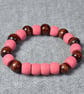 Pink Barrel and Round Brown Wood Bead Elastic Bracelet