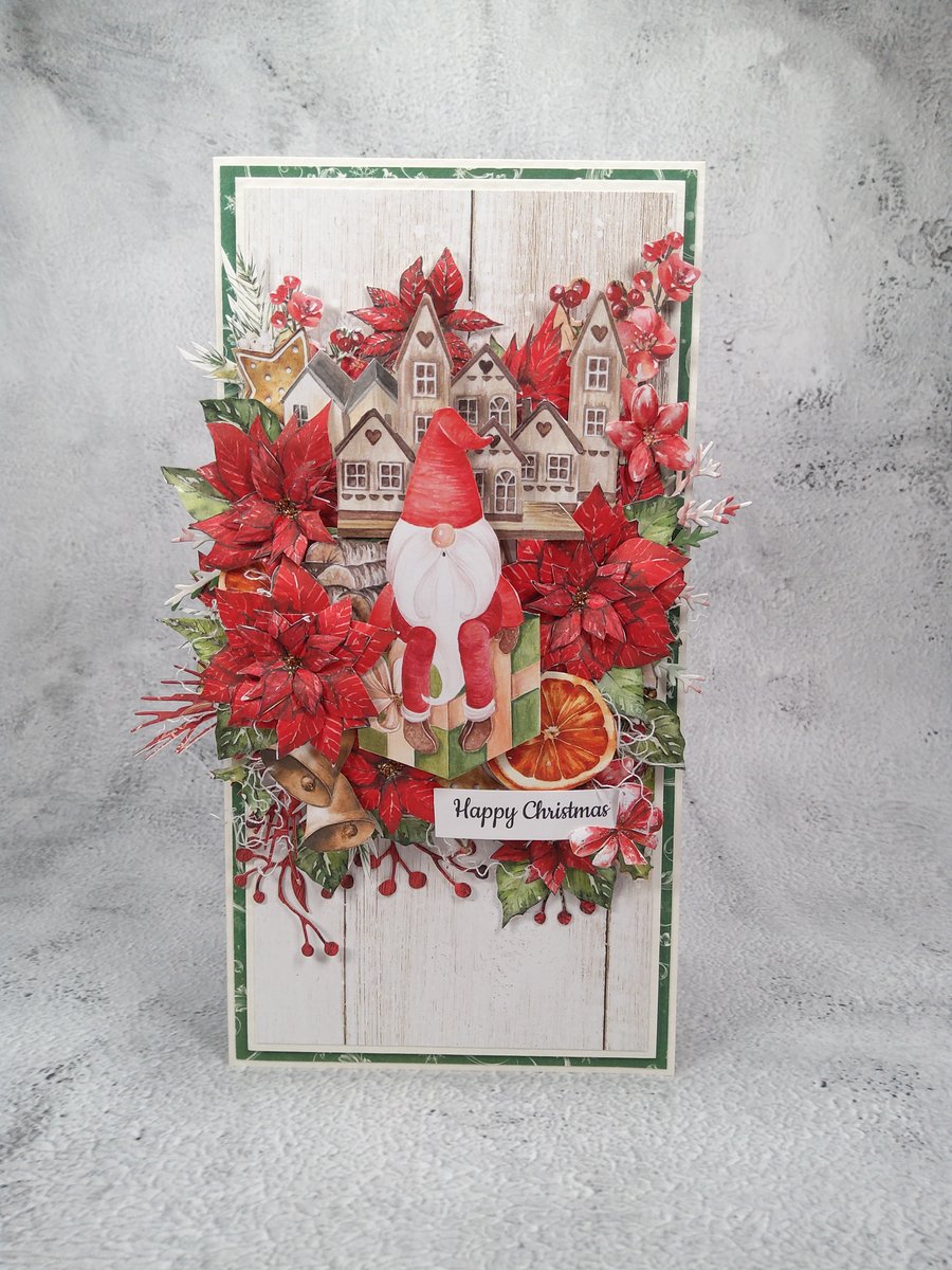 Handmade Christmas Card (37) Festive Gnome & Winter Village Scene