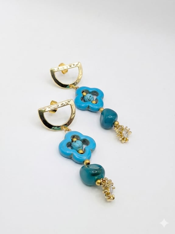 Boho handmade Coastal Marocan Blue Agate & Faux Turqoise drop earrings
