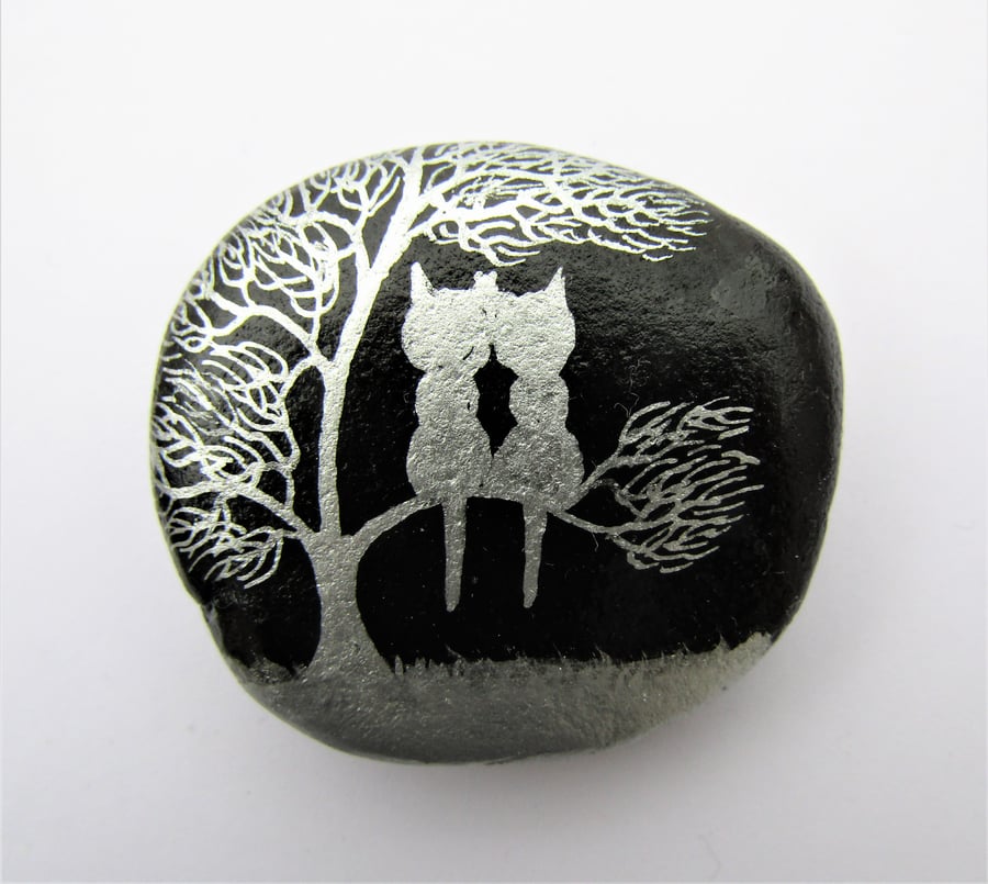 Painted Pebble, Cat Gift for Him, Tree Stone Painting, Love Gift for Her, Cats