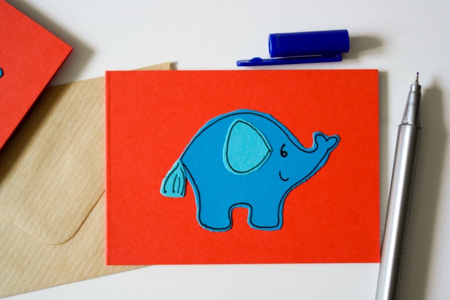 Greeting Cards -Mini Note Cards Pack of 6 - Blue Elephants Greeting Card 6 Pack 