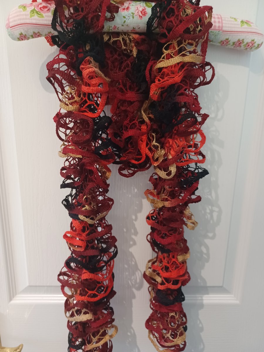 Dark Red, Red, Beige and Black Lacy Effect Scarf