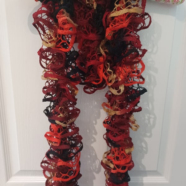 Dark Red, Red, Beige and Black Lacy Effect Scarf