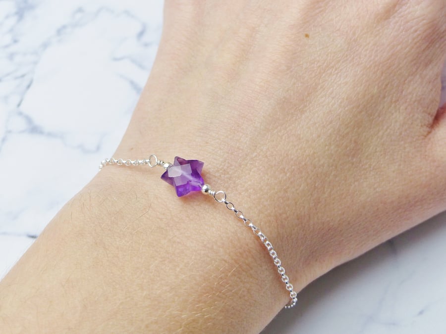 Amethyst Gemstone Star Bracelet, Sterling Silver, February Birthstone Gift