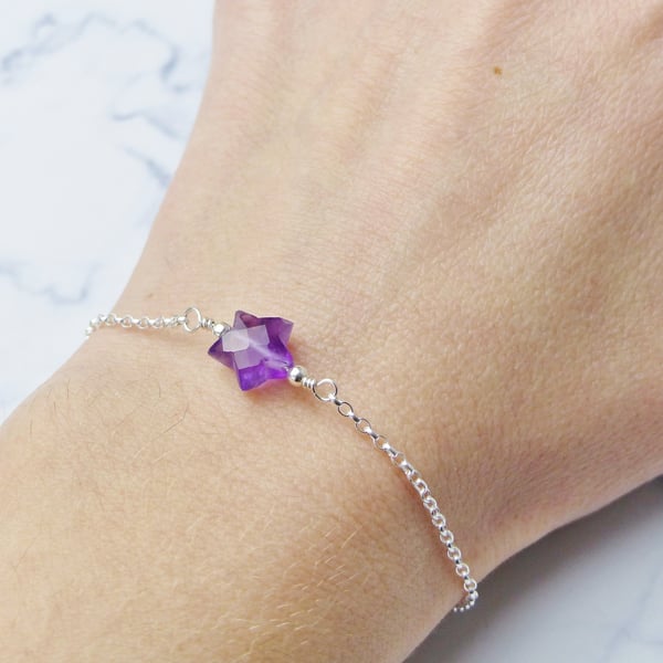 Amethyst Gemstone Star Bracelet, Sterling Silver, February Birthstone Gift